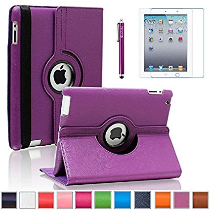 iPad 2 Case, iPad 3 Case, iPad 4 Case, AiSMei Rotating Stand Case Cover with Wake Up/Sleep Function For Apple iPad 2,the New iPad,iPad 4 [the 2nd,3rd,4th Gen 9.7-Inch iPad] [Bonus Film Stylus] -Purple