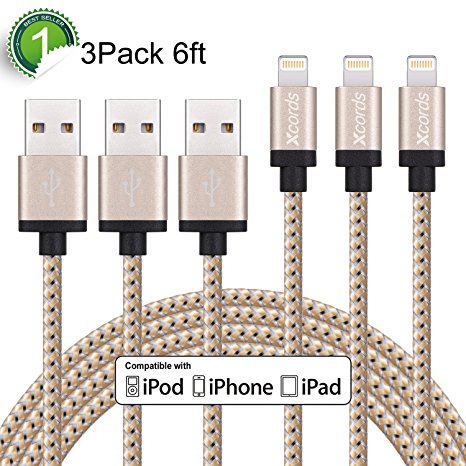 Xcords iPhone Charger 3Pack 6ft, Nylon Braided 8 Pin Lightning to USB Cable, Compatible with iphone 7/7 Plus/6s/6s Plus/6/6 Plus/5/5S/5C/SE/iPad and iPod(Golden)