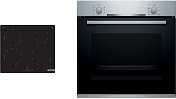 Bosch PUE611BB5E TouchSelect - Encimera inducción encastrable, 60 cm, 4 zonas,Gran zona 21 cm I Serig. Circular, color negro & Serie 2 HBA510BR0 Horno 60 x 60cm, A, Acero inoxidable