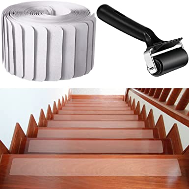 18 Pieces Non Slip Stair Treads Tape Anti Slip Stair Treads Indoor Waterproof Staircase Step Treads Strips Anti Slip Tape with Install Roller for Wooden Stairs (18 Pieces,Clear,32 x 4 Inch)