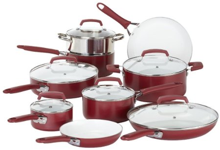 WearEver C943SF Pure Living Nonstick Ceramic Coating Scratch-Resistant PTFE PFOA and Cadmium Free Dishwasher Safe Oven Safe Cookware set, 15-Piece, Red
