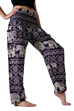 Bangkokpants Women's Yoga Pants Elephant Design Dark Purple US Size 0-12