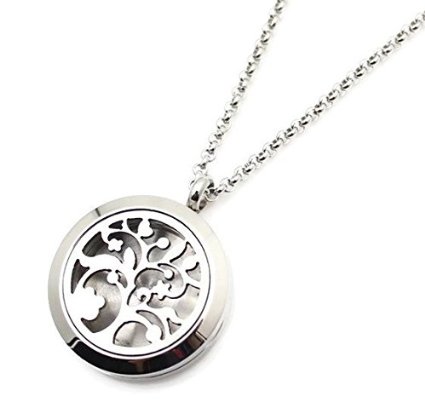 Tree of Life Essential Oil Diffuser Necklace Stainless Steel Aromatherapy Jewelry with 20 Inch Rolo Chain 5 Pads