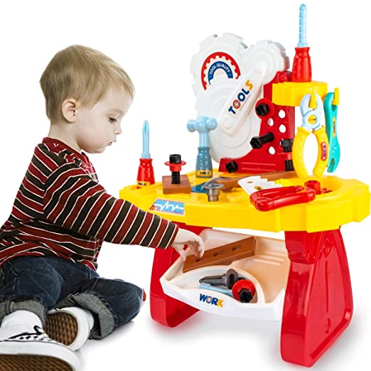 UNIH Toy Tool Bench Set 33 Pieces Pretend Play Two Tier Educational Tool Kit for Toddler Tool Bench for Ages 2 3 4  Years Old Boys Girls Kids