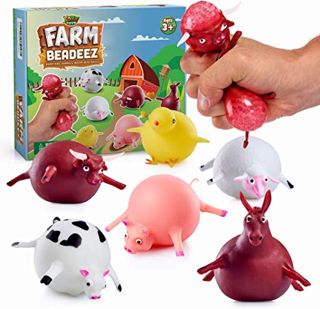 Farm Beadeez - 6 Pack Stress Balls for Kids and Adults with Squishy Water Beads - Farm Animal Shaped Stress Relief Toys - Fidget Sensory Toys for Autistic Children, ADHD, Anxiety - Fun Party Favors