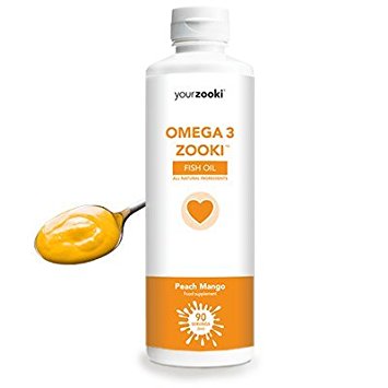 YourZooki Omega 3 Zooki, Fish Oil, peach mango, Pharmaceutical Grade Purified Omega 3 EPA DHA, 450ml bottle (90 servings)