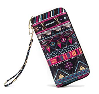 LOVEME Women Bohemian Style Double Zipper Clutch Wallets Bag Card Holder Wristlets
