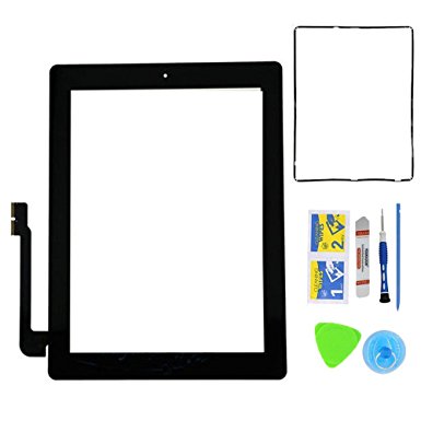 Monkey New Black Digitizer Touch Screen Front Glass Assembly For iPad 3 - Includes Home Button   Pre-Installed Adhesive with tools kit for iPad 3 3rd Gen Touch
