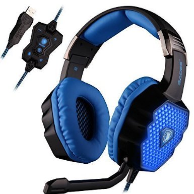 SADES A70 7.1 Channel Virtual USB Surround Sound Wired PC Gaming Headset Over-Ear headband headphones with Microphone Volume Control Breathing LED light (Black & Blue)