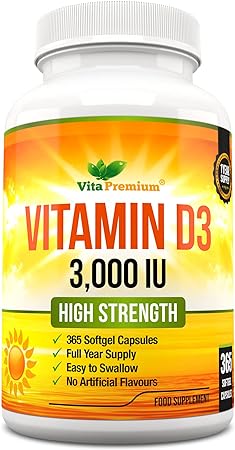 Vitamin D 3,000 IU, High Strength Vitamin D3 Supplement, 365 Easy to Swallow Softgels - Full Year Supply