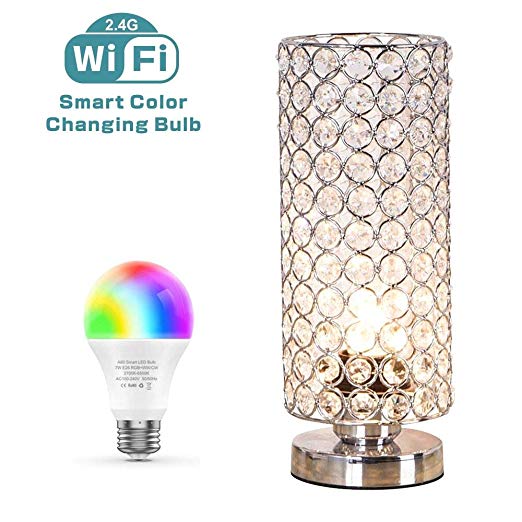 ZEEFO Crystal Table Lamp with WIFI Smart LED Bulb,7W Dimmable Color Changing Light Bulb compatible with Alexa & Google Home, Elegant Decorative Bedside Table Lamps ideal for Bedroom, Hotel, Party