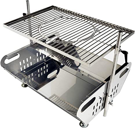 Skyflame Outdoor Fire Pit Grill Combo - Stainless Steel Wood Burning Fire Pit with Height Adjustable Cooking Grate Camping Grill Kit for Backyard Patio Hiking Backpacking Picnic Travel Tailgating