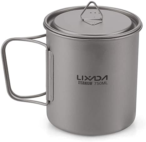 Lixada Titanium Cup Portable Camping Picnic Water Cup Mug with Lid Foldable Handle 300ml / 350ml / 420ml / 550ml / 650ml / 750ml