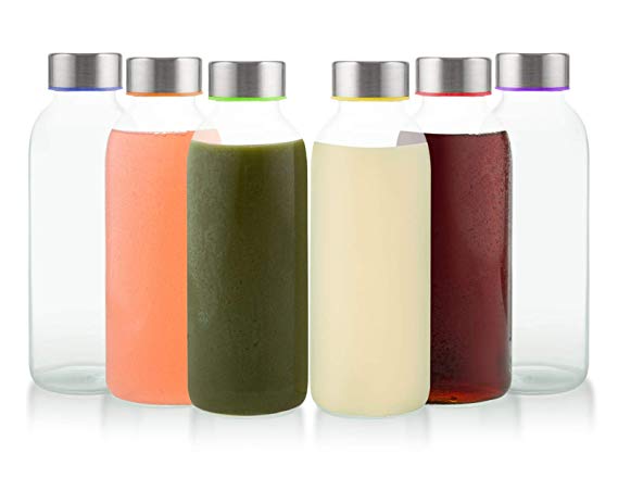 Glèur Reusable Glass Beverage Bottles with A Stainless Steel Airtight Cap with Different Colored Lids Silicone, 13.5 oz Set of 6