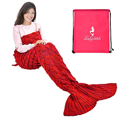 Handmade Knitted Mermaid Tail Blanket Crochet，T-tviva All Seasons Warm Sofa Quilt Living Room Blanket for Kids and Adults (72.8"x35.5", Red4)