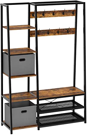 Rolanstar Hall Tree with Storage Bench, 5-in-1 Entryway Shelf with Coat Rack, 70.8" Coat Stand with 5 Side Shelves, 2 Foldable Storage Cubes, 9 Hooks and Shoe Bench Rustic Brown