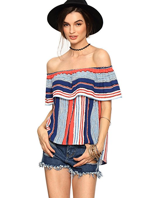 ROMWE Women's Blouse off the shoulder Striped Ruffle summer casual tunic tops