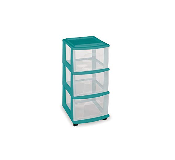 HOMZ Plastic 3 Drawer Medium Cart, Peacock Blue Frame, Clear Drawers, Casters Included, Set of 3