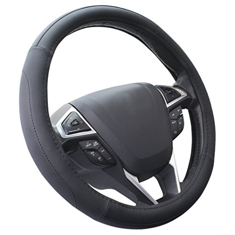 Microfiber Leather Black Steering Wheel Cover Universal Fit 38cm