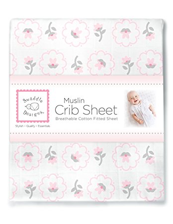 SwaddleDesigns Muslin Fitted Crib Sheet, Posies, Pastel Pink