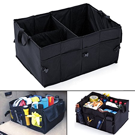 Mookis Folding Trunk Organizer, Premium 3 Compartments Cargo Storage Container Sturdy Bag Bin with Multiple Pockets for Car Trunk SUV Minivan