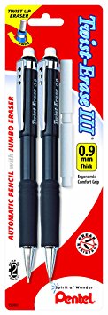 Pentel Twist-Erase III Automatic Pencil with 2 Eraser Refills, 0.9mm, Assorted Barrels, 2 Pack (QE519BP2-K6)