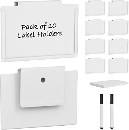 StorageWorks Metal Labels Holders for Storage Bins, Removable Bin Clip Labels for Baskets, Basket Labels Holders with Label Cards for Kitchen & Pantry, 10 Pack, White