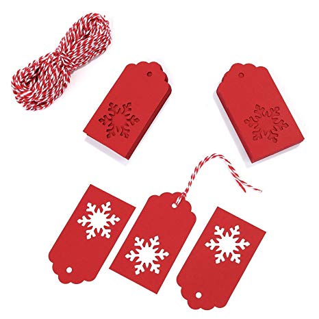 Whaline 100 Pcs Paper Tags Kraft Gift Tags Snowflake Shape Hang Labels with 30 Meters Twine for DIY Arts and Crafts, Wedding Christmas Thanksgiving and Holiday (Red)