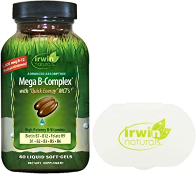 Irwin Naturals Mega B-Complex Vitamin B with Quick Energy MCT's (60 Softgels) Bundle with a Pill Case