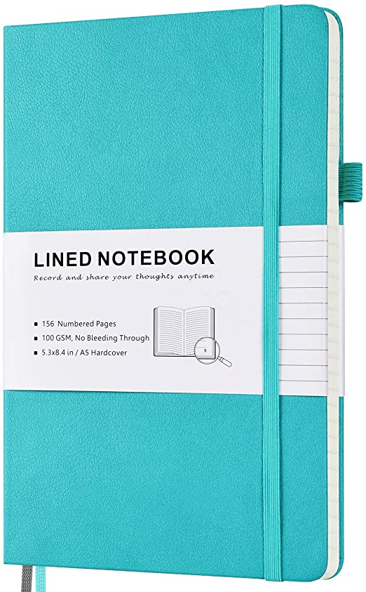 Lined Journal Notebook, Hardcover Notebook with Numbered Pages and Index Content, 2 Inner Pockets, 2 Ribbon Bookmarks, 100 GSM Thick Paper A5 Ruled Notebook (Teal)