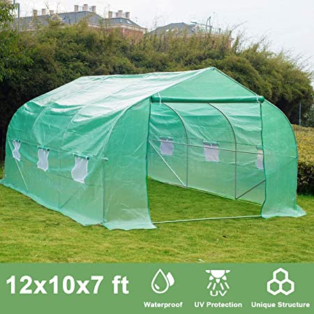 RePalbel Greenhouse, 12x10x7 Oversized Heavy Duty Walking-in Tunnel Tent, Gardening Rack with 6 Windows and Zippered Door, Green