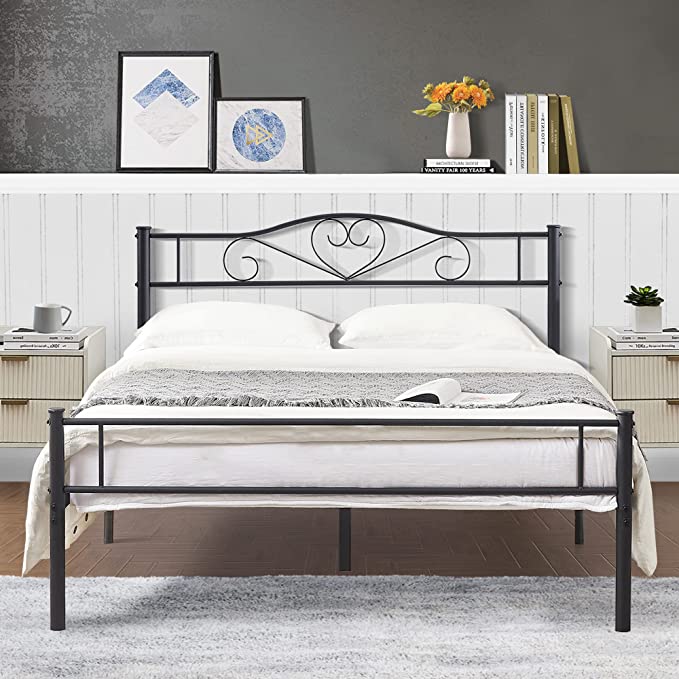 VECELO Metal Platform Bed Frame with Headboard & Footboard, Steel Slats Mattress Foundation, No Box Spring Needed, Full Size, Matte Black