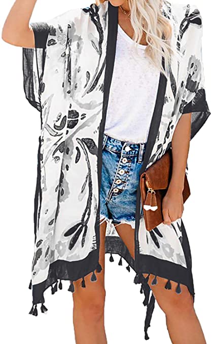 Dokotoo Womens Fashion Floral Print Swimsuit Kimono Tassel Casual Cardigan Loose Beach Cover ups