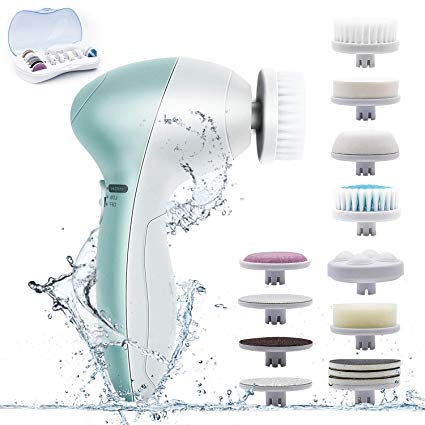 SURKER Electric Facial Cleansing Brush with 11 Brush Heads，Flexible Waterproof Powered Brush for Deep Cleaning