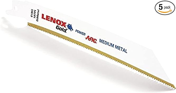 LENOX Tools 21069618GR Gold Power Arc Reciprocating Saw Blade, For Medium Metal, Sheet Metal Cutting, 6-inch, 18 TPI, 5-Pack