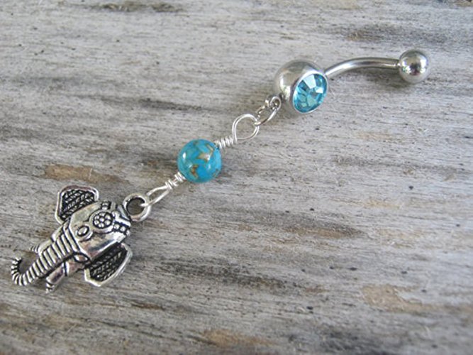 Personalized Elephant Belly Button Ring, Turquoise Composite Body Piercing Jewelry, Optional Birthstone Navel Piercing, FREE USA SHIPPING