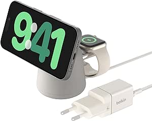 Belkin BoostCharge Pro Cargador MagSafe 2 en 1 con MagSafe de 15 W, Cargador inalámbrico, magsafe Stand con Carga rápida para iPhone 15, 14, 13 y 12, AirPods y Otros Dispositivos con MagSafe