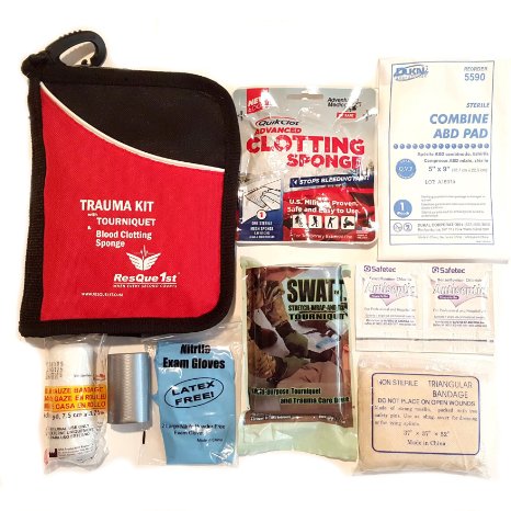 ResQue1st Trauma & Auto Emergency First Aid Kit with QuikClot Blood Clotting Bandage & SWAT-T Tourniquet