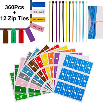 360 Pcs Cable Tags Cable Labels Stickers Waterproof Cable Markers Printable and Handwriting Cable Organizer, with 12 Nylon Wire Straps 12 Assorted Color