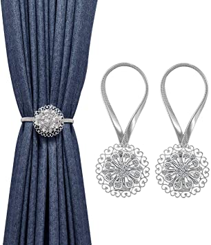 MoKo 2 Pack Crystal Flower Magnetic Curtain Tiebacks, Window Curtain Decorative, No Drilling Drapery Holdbacks Flower Curtain Buckle with Bind Stainless Spring Wire for Home Office Decor - Silver