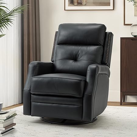 HULALA HOME Genuine Leather Swivel Rocker Recliner with Adjustable Backrest & Footrest, Manual Glider Reclining Chair for Living Room Bedroom, Home Theater Sofa Chair with 360° Swivel Base, Black