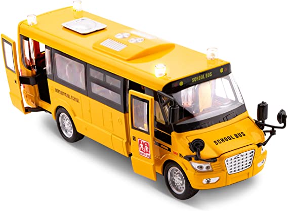 Toy To Enjoy Yellow School Bus Toy with Light, Sound & Openable Doors – Pull Back School Bus for Kids, Girls & Boys – Battery Operated – Great Gift for Children - Alloy Die Cast Aluminum Toy