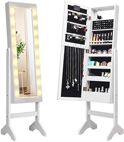 Giantex Standing Jewelry Armoire with 18 LED Lights Around The Door, Large Storage Mirrored Jewelry Cabinet with Full Length Mirror, 16 Lipstick Holder, 1 Inside Makeup Mirror (White)