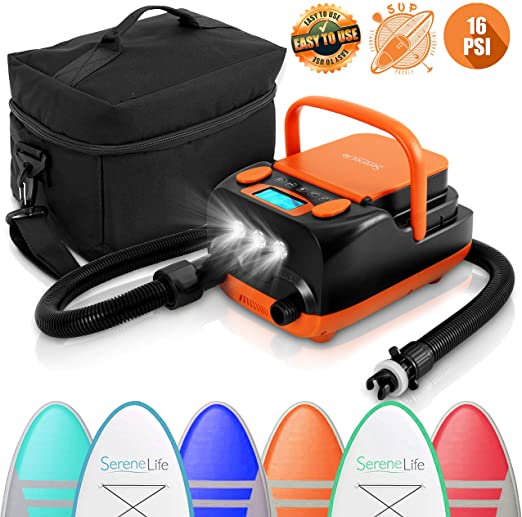 Serene Life Electric SUP Air Pump Compressor - 16PSI Rechargeable SUP Pump 12V Stand Up Paddle Board Electric Pump Inflator/Deflator - Portable Air Compressor for SUP, Boat, Pool Inflatables SLPUMP50
