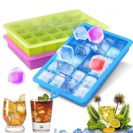 Ice Cube Trays 3 Pack, Silicone Ice Tray with Removable Lid Easy-Release Flexible Ice Cube Molds 24 Cubes per Tray for Cocktail, Whiskey, Baby Food, Chocolate, BPA Free