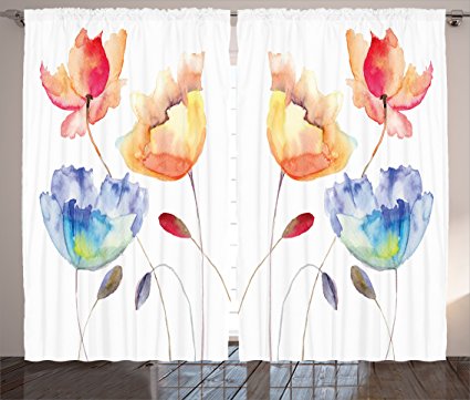 Floral Curtains Watercolor Flower Decor by Ambesonne, Summer Flowers in Retro Style Painting Effect Nature is a Blessing Art, Living Room Bedroom Decor, 2 Panel Set, 108W X 90L Inches, Orange Blue Red