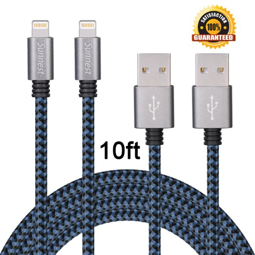 Sunnest 2Pack 10FT Extra Long Nylon Braided 8 Pin Lightning Cable USB Charging Cord with Aluminum Connector for iPhone SE/6/6s/6 plus/6s plus, 5c/5s/5, iPad Air/Mini, iPod Nano/Touch(Black&Blue)