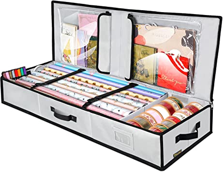 BALEINE Wrapping Paper Storage Organizer with Flexible Partitions and Pockets, 40" Durable 600D Oxford Fabric Gift Wrap Storage Bag Fits Ribbon, Ornaments, Holiday Accessories (Gray)