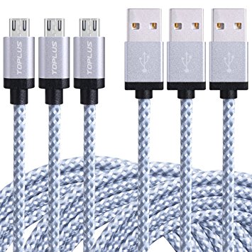 TOPLUS Micro USB Cable , [3-Pack 3m] Nylon Braided Android Charger Cables- for Smartphones Samsung Galaxy, Nexus, LG, Sony, Xiaomi, HTC, Motorola, Kindle, PS4 Controller, and More - White