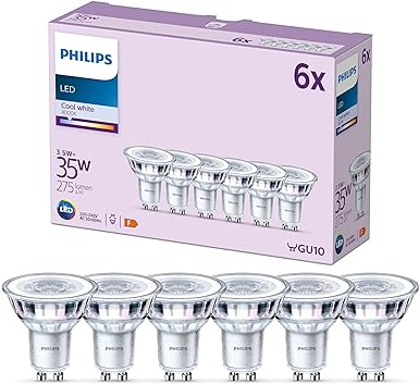 PHILIPS LED Classic Spot Light Bulb 6 Pack [Cool White 4000K - GU10] 35W, Non Dimmable. for Home Indoor Lighting